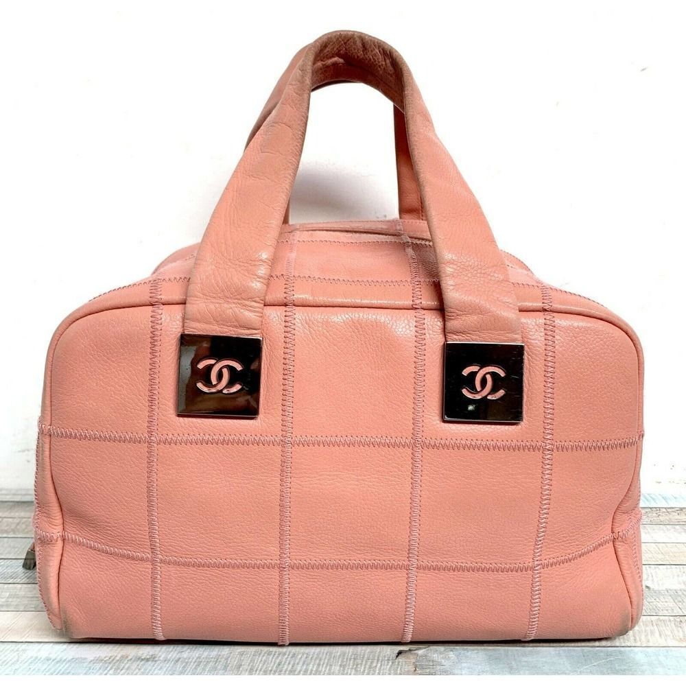 Authentic Chanel Caviar Pink Stitch Leather Medium Zip Top Square Purse Handbag